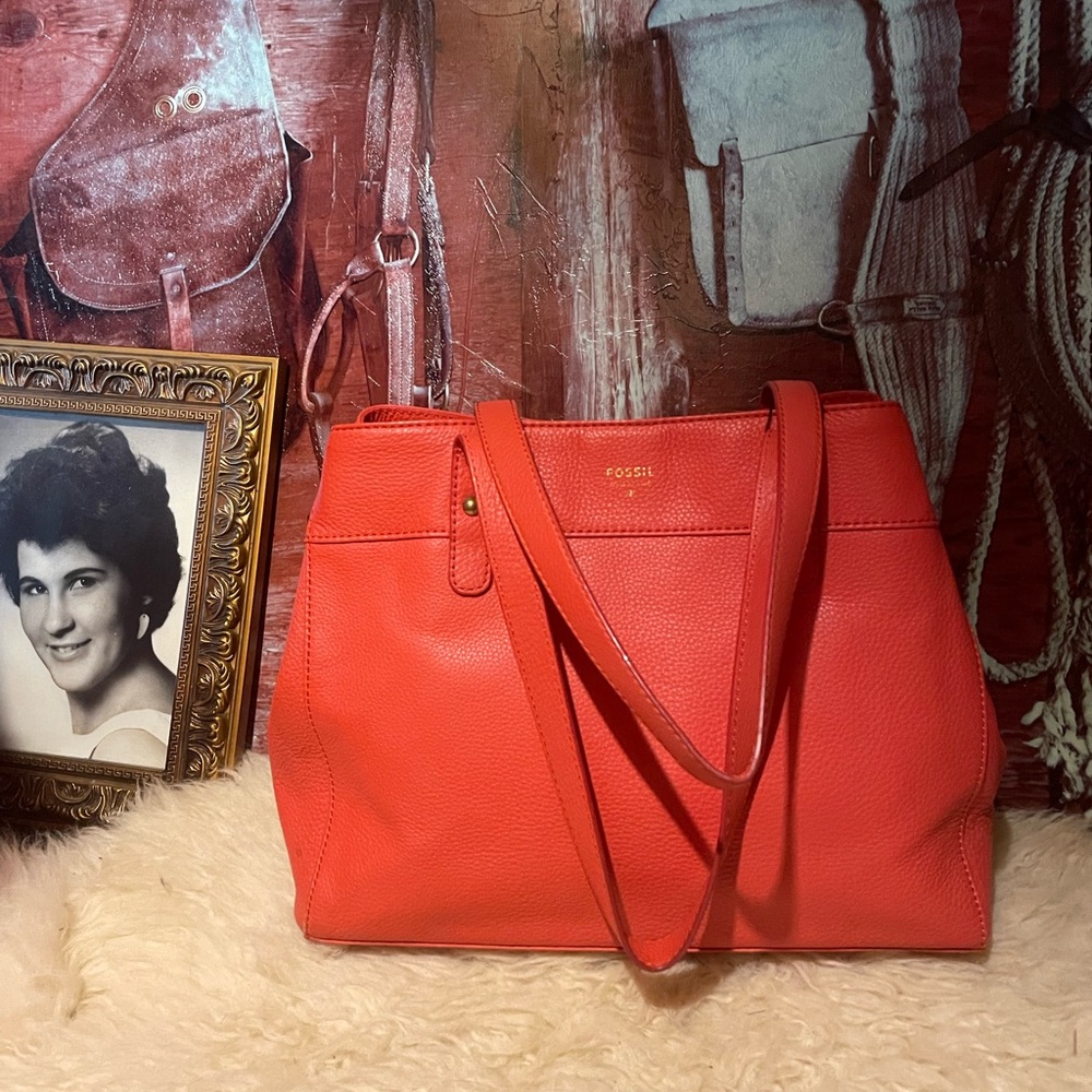 Fossil orange leather tote bag